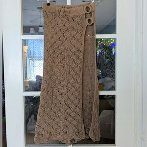 Free People Crochet Long Brown Skirt With Slit And Wooden Ring Details